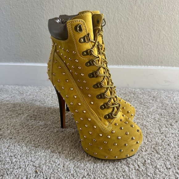 Onlymaker Yellow Work Boots High Heel Rivet Studded Platform Round Toe Lace Up - Picture 1 of 9